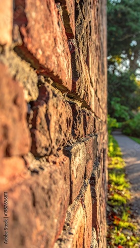 Close-up of a weathered brick wall bathed in warm sunlight, with a blurred path and green foliage in the background.
