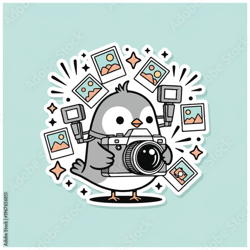 Cartoon bird holding camera photography.
