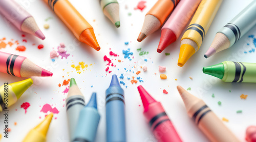 Colorful wax crayons arranged in circular composition with scattered pigment dust on white background studio shot