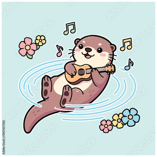 Otter playing a ukulele in water.