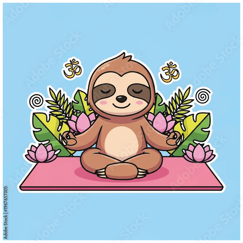 Sloth meditating on yoga mat peacefully.