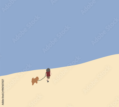 Girl walking with dog on mountain. Enjoy and happiness in nature showcasing outdoor adventure.