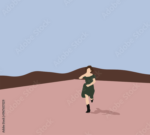 Woman wearing green dress running in public park with brown mountain. Modern Fashion stylist. 