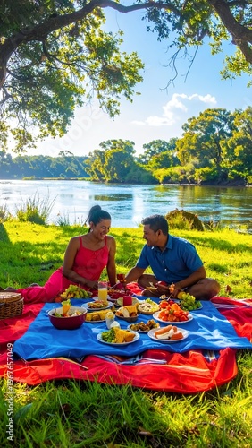 Couple enjoying a romantic picnic by the river on a sunny day.