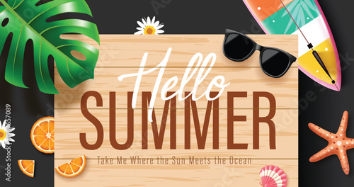 Hello Summer Vector Background with Surfboard Sunglasses Monstera Leaf and Tropical Beach Elements