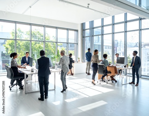 Diverse business professionals collaborate in a modern, sunlit office space, fostering teamwork and productivity.