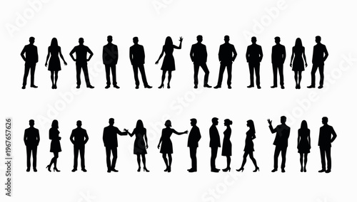 Business people , silhouettes, group of standing business men and businesswomen	
