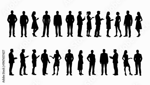 Business people , silhouettes, group of standing business men and businesswomen	

