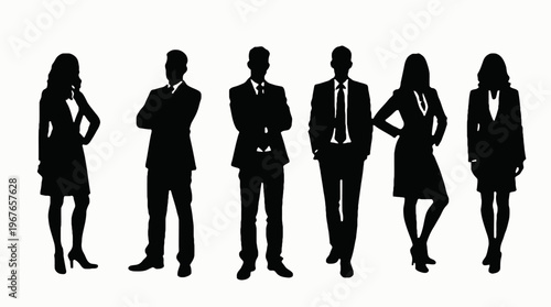 Business people , silhouettes, group of standing business men and businesswomen	
