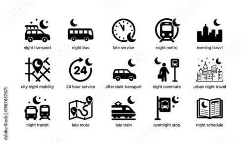 Night transportation icons: bus, train, metro, service, schedule, cityscape, urban travel