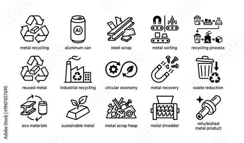 Recycling and metal recovery icons for sustainable industry and waste reduction