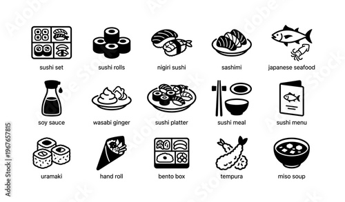 Assorted sushi icons: nigiri, sashimi, rolls, and more