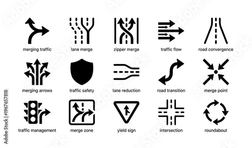 Traffic symbols: merging, lane, arrows, safety, intersection, roundabout
