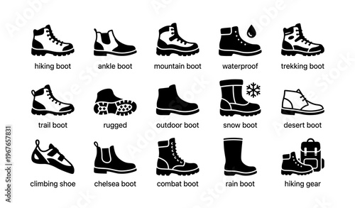 Icons of various boots and shoes for outdoor activities