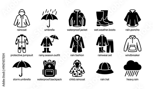 Rain gear essentials: coats, umbrellas, boots, ponchos, backpacks, hats