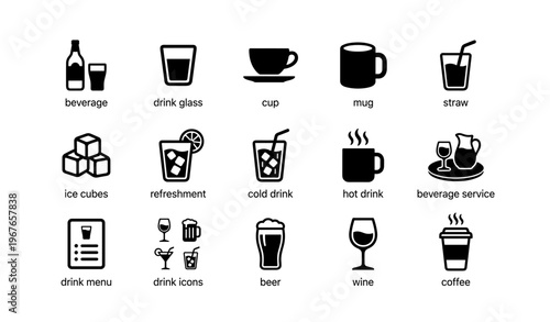 Icon set of beverages: glasses, mugs, cold and hot drinks, beverage service