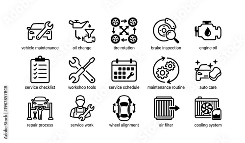Vehicle maintenance icons: tools, oil change, brake inspection, engine, tire rotation
