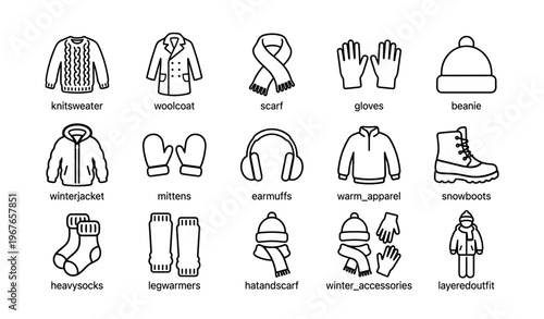 Winter apparel icons: wool coat, scarf, gloves, beanie, snow boots