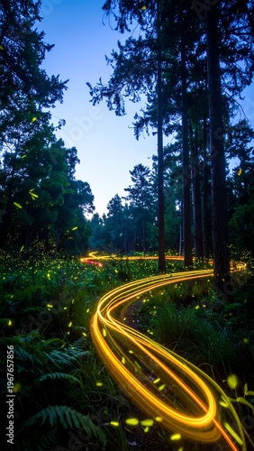 Enchanting Firefly Trails Illuminating a Serene Forest at Twilight.