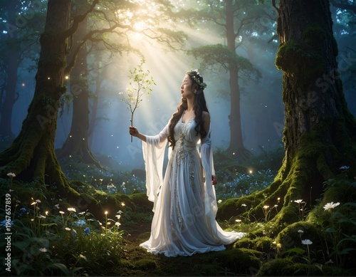 Enchanting Forest Nymph in Ethereal Gown Amidst Sunlit Woods.