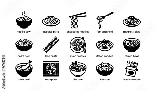 Various noodle dishes illustrated with chopsticks, forks, and plates