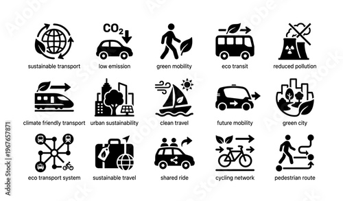 Sustainable transport icons: eco transit, green mobility, urban sustainability