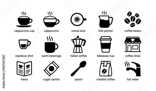 Coffee icons collection: cups, beans, espresso, and more