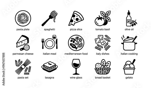 Italian cuisine icons featuring pasta, pizza, and mediterranean ingredients