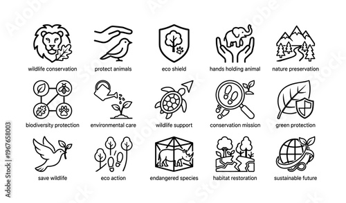 Wildlife conservation icons highlighting eco-friendly initiatives