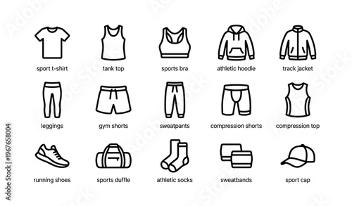 Athletic apparel icons: t-shirt, tank, bra, hoodie, jacket, leggings, shorts, footwear