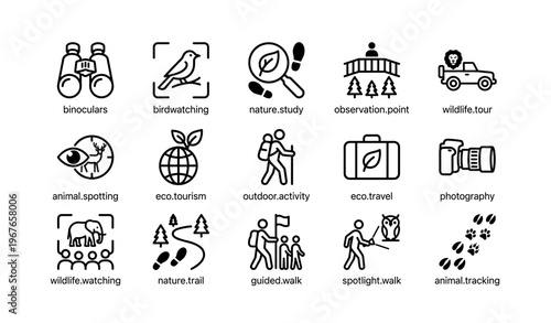 Nature exploration icons for birdwatching, wildlife tours, and eco travel activities