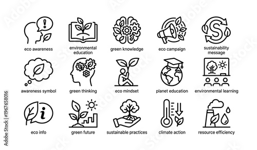Eco awareness icons promoting environmental education and sustainable practices