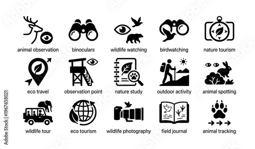 Wildlife observation icons: birdwatching, nature tourism, eco travel, outdoor activities