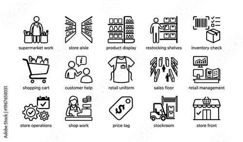 Retail icons: supermarket, inventory management, customer service, and sales operations