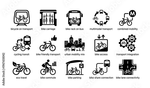 Multimodal transport icons: cycling, transit, urban mobility, bike access, connectivity