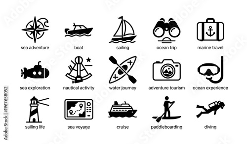 Nautical icons of adventure and exploration in marine activities