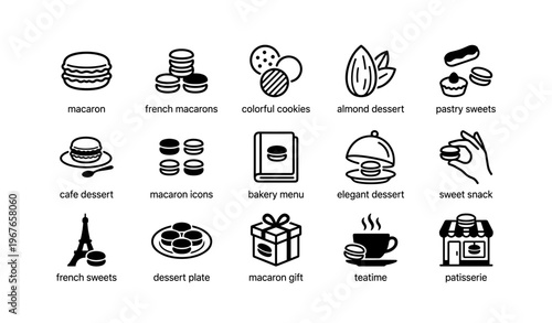 French dessert icons featuring macarons, almonds, and patisserie elements
