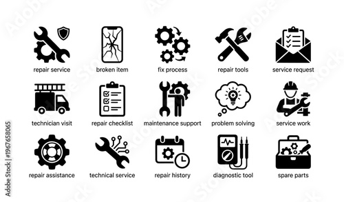 Icons depicting repair service tools and maintenance process options