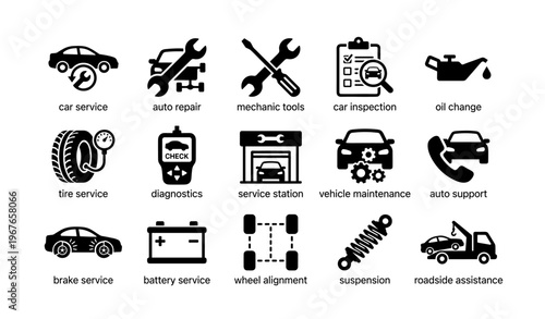 Car service icons: repair, inspection, maintenance, support, assistance
