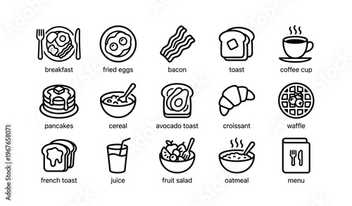 Breakfast icons with toast, fried eggs, and coffee cup in simple line art style
