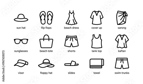 Beachwear essentials: sun hat, flip flops, beach dress, cover up, sarong