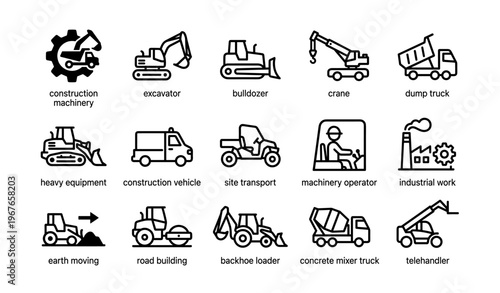 Construction machinery icons: excavator, bulldozer, crane, dump truck, heavy equipment