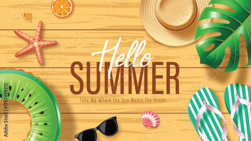 Hello Summer Vector Background with Summer Hat, Flip Flops, Kiwi Float and Tropical Beach Elements