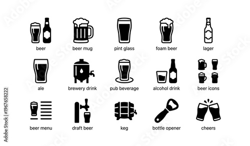 Various beer icons featuring mugs, pint glass, lager, and draft keg illustrations