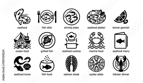 Black and white seafood icons: fish, shrimp, crab, lobster, and more