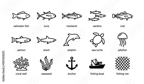 Marine life icons: fish, sea creatures, and ocean elements in black and white