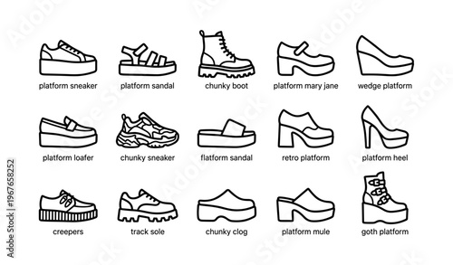 Illustrated collection of various platform and chunky shoe styles