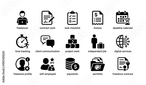 Freelancer tools icons: contract, invoice, task checklist, time tracking, digital services