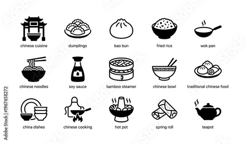 Chinese cuisine icons: dumplings, bao buns, wok, soy sauce, teapot