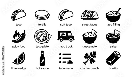 Taco icons set with food truck and condiments for mexican cuisine